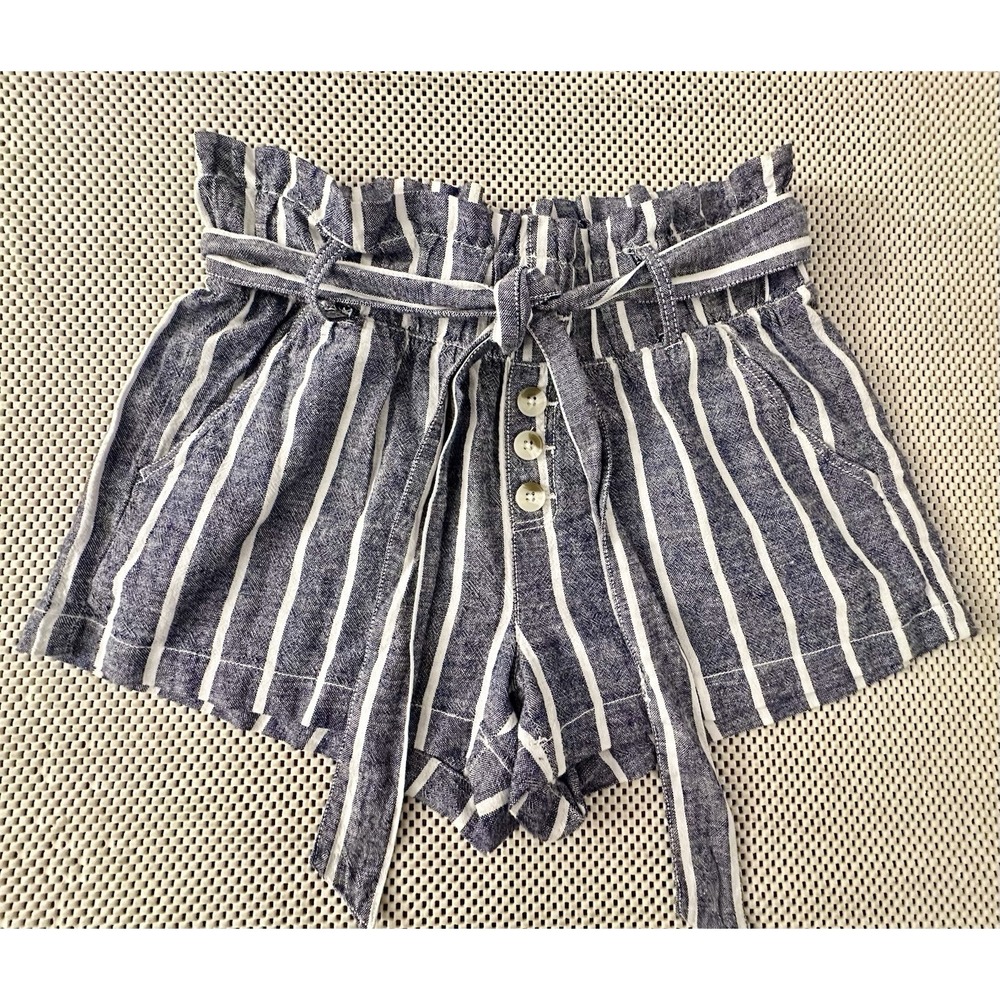 Sincerely Jules Linen Blend Shorts Sz S/M Blue White Striped Paperbag Waist Belt